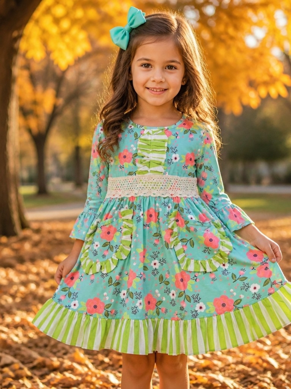 Source Unknown Aqua Floral Ruffle Pocket Dress with Lime Stripes